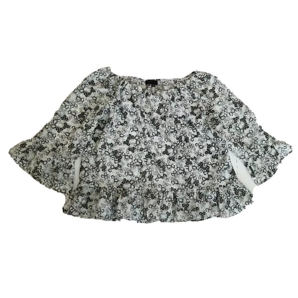 SANCTUARY Small Cropped Floral Blouse  Ruffled hem 3/4 Ruffled sleeves‎ White